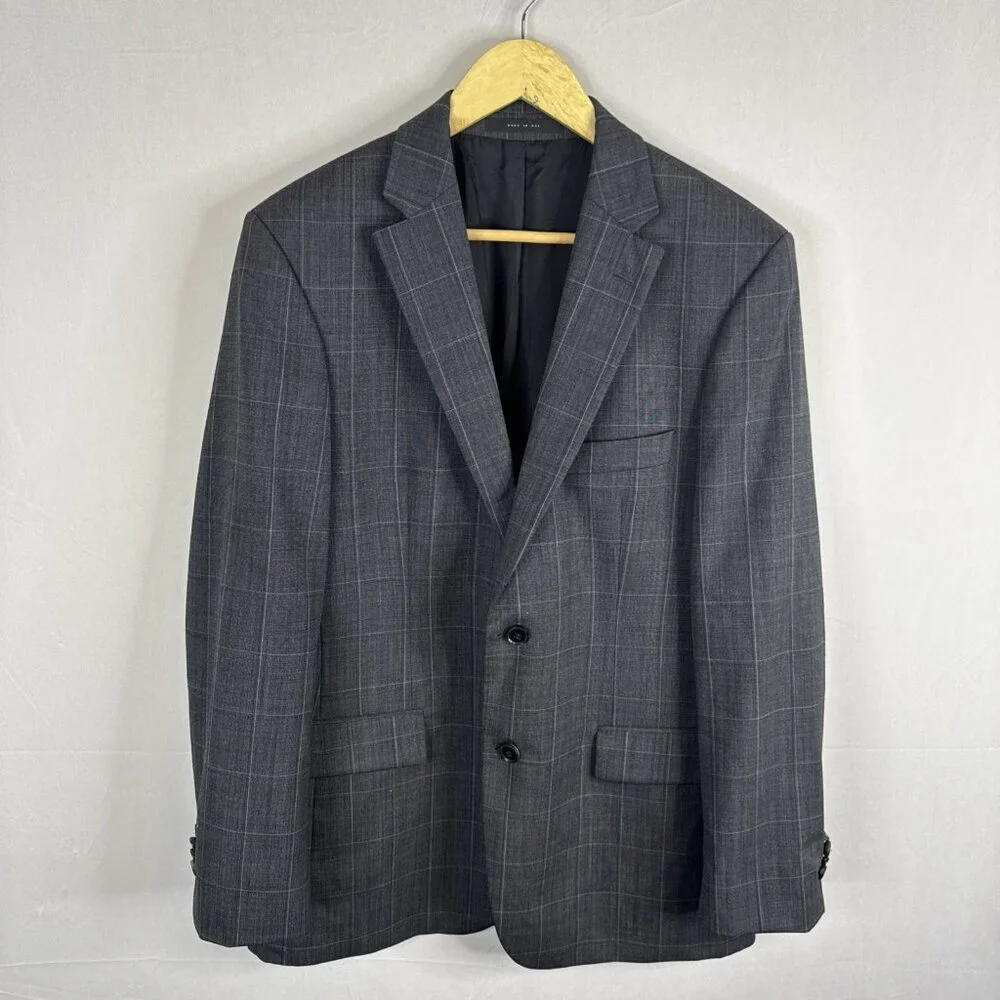 Hugo Boss Virgin Wool Windowpane Blazer Men’s‎ 38R Made USA Sports Coat Gray